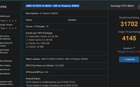 AMD锐龙AI Max+ 388现身：旗舰同款Radeon 8060S