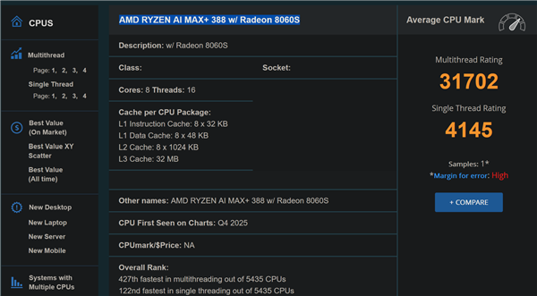 AMD锐龙AI Max+ 388现身：旗舰同款Radeon 8060S
