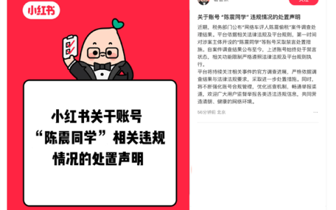 小红书官方辟谣：陈震账号依旧处于禁言状态
