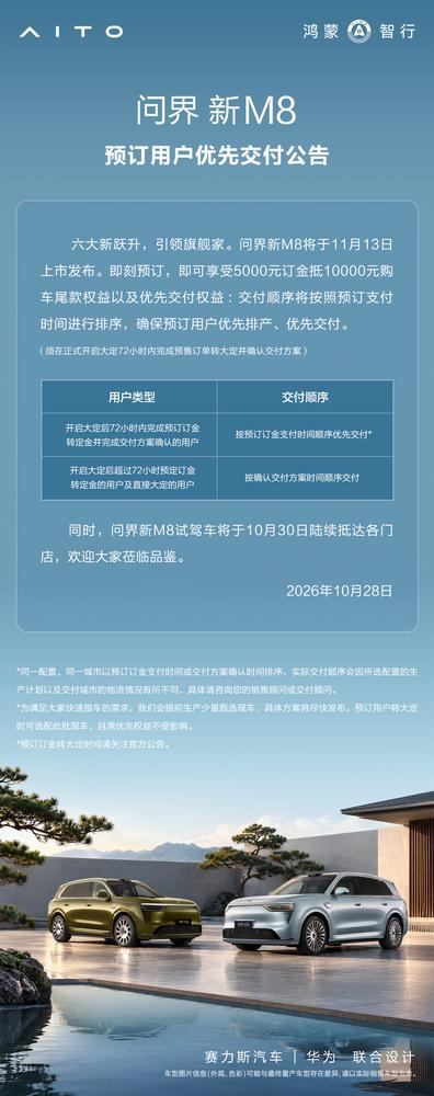 问界新 M8 将于 11 月 13 日上市,全系 800V、纯电续航 830 公里