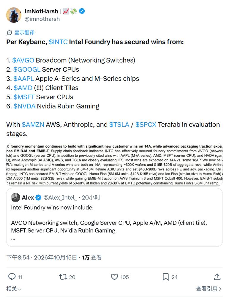 六家科技巨头转向英特尔代工，14A 制程成新焦点